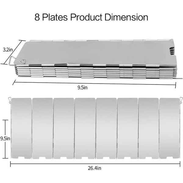 An 8-plate aluminum windscreen stove shield with dimensions of 9.5 inches by 3.2 inches and a total length of 26.4 inches.