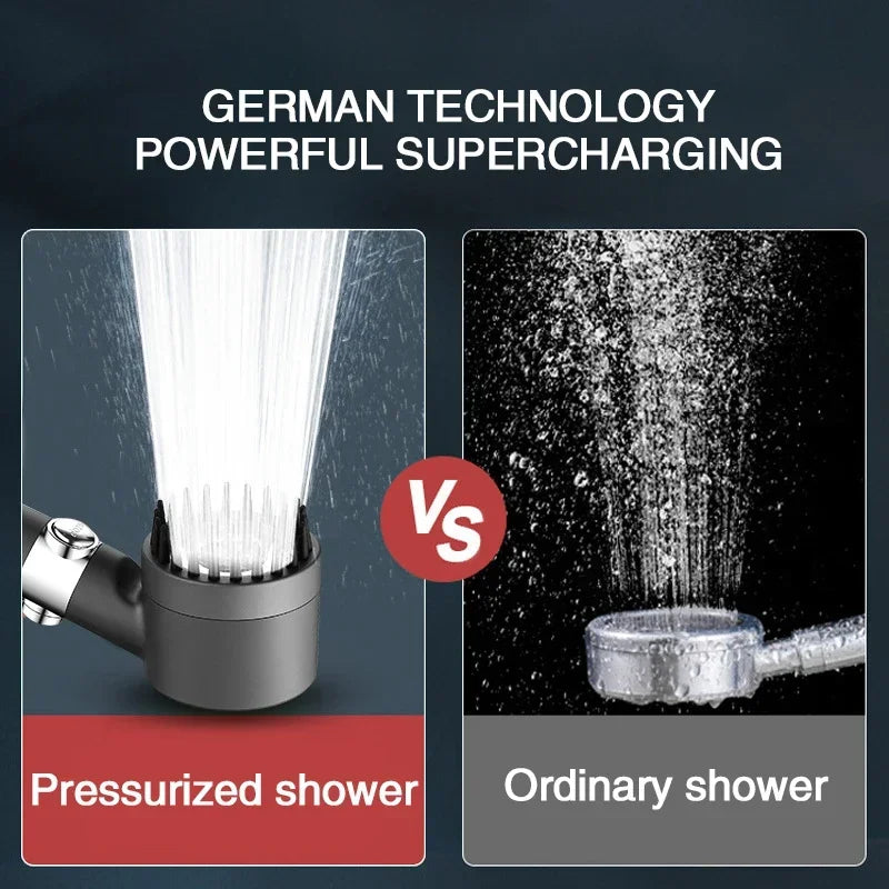 Vergleich einer deutschen, technologie-pressurisierten Duschkopf mit einem normalen Duschkopf.