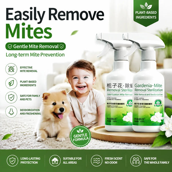 A bottle of HAIBUS mite removal and deodorization spray is shown next to a smiling baby and a small dog.