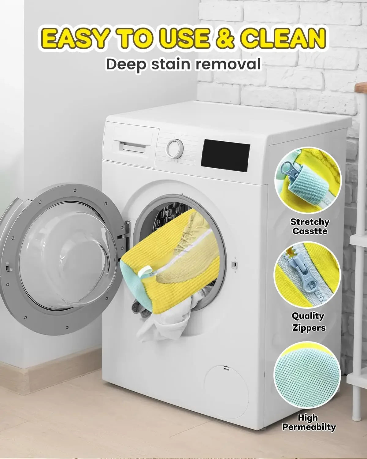 A white washing machine with a transparent door showing laundry bags and features for deep stain removal.