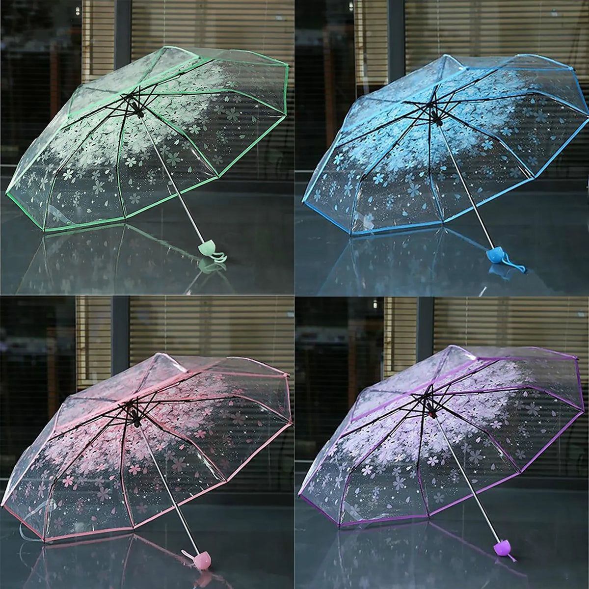 Eine Sammlung von drei klaren Regenschirmen mit floralen Designs in grün, blau und rosa Tönen.