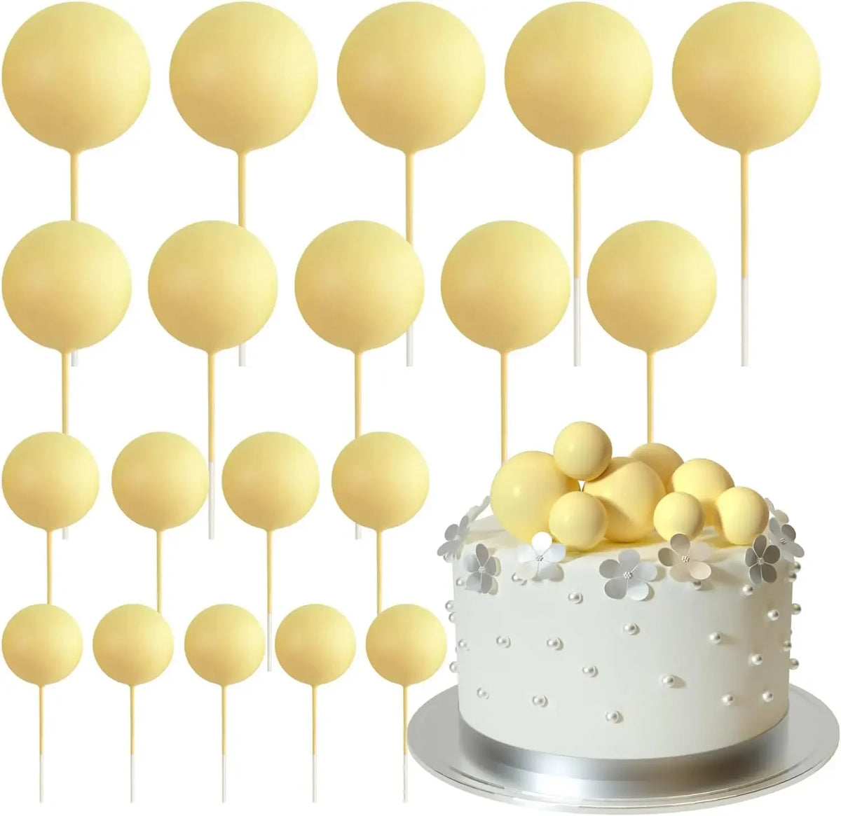 A set of twenty gold ball cake toppers on sticks arranged in a row.