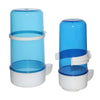 A clear blue bird drinking trough with a white base and lid, shown from the side.