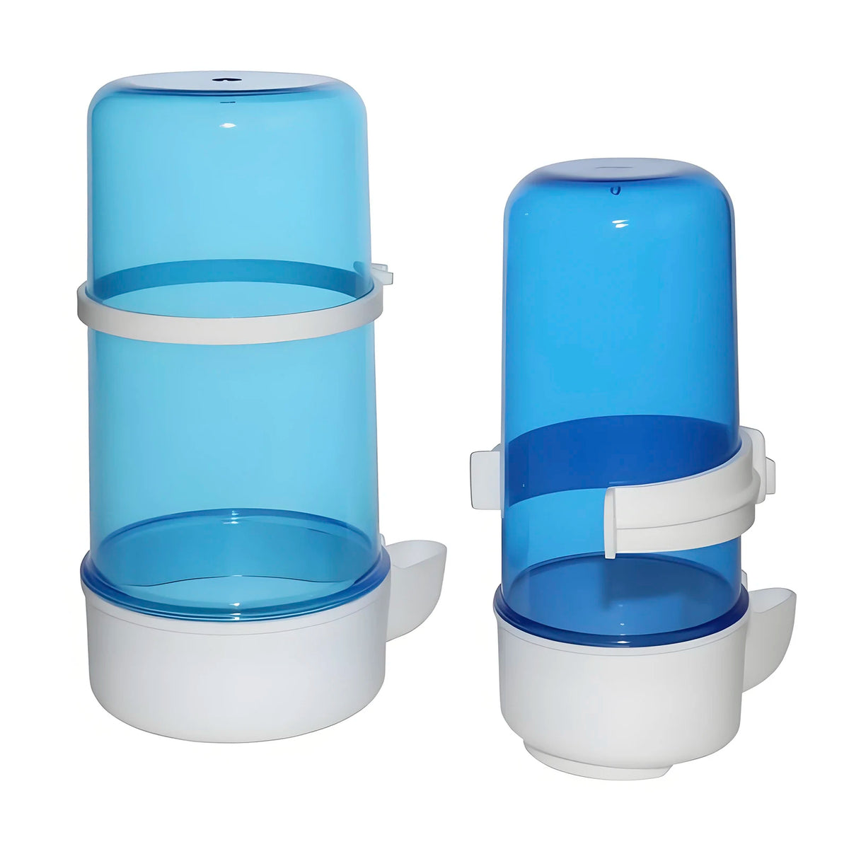 A clear blue bird drinking trough with a white base and lid, shown from the side.
