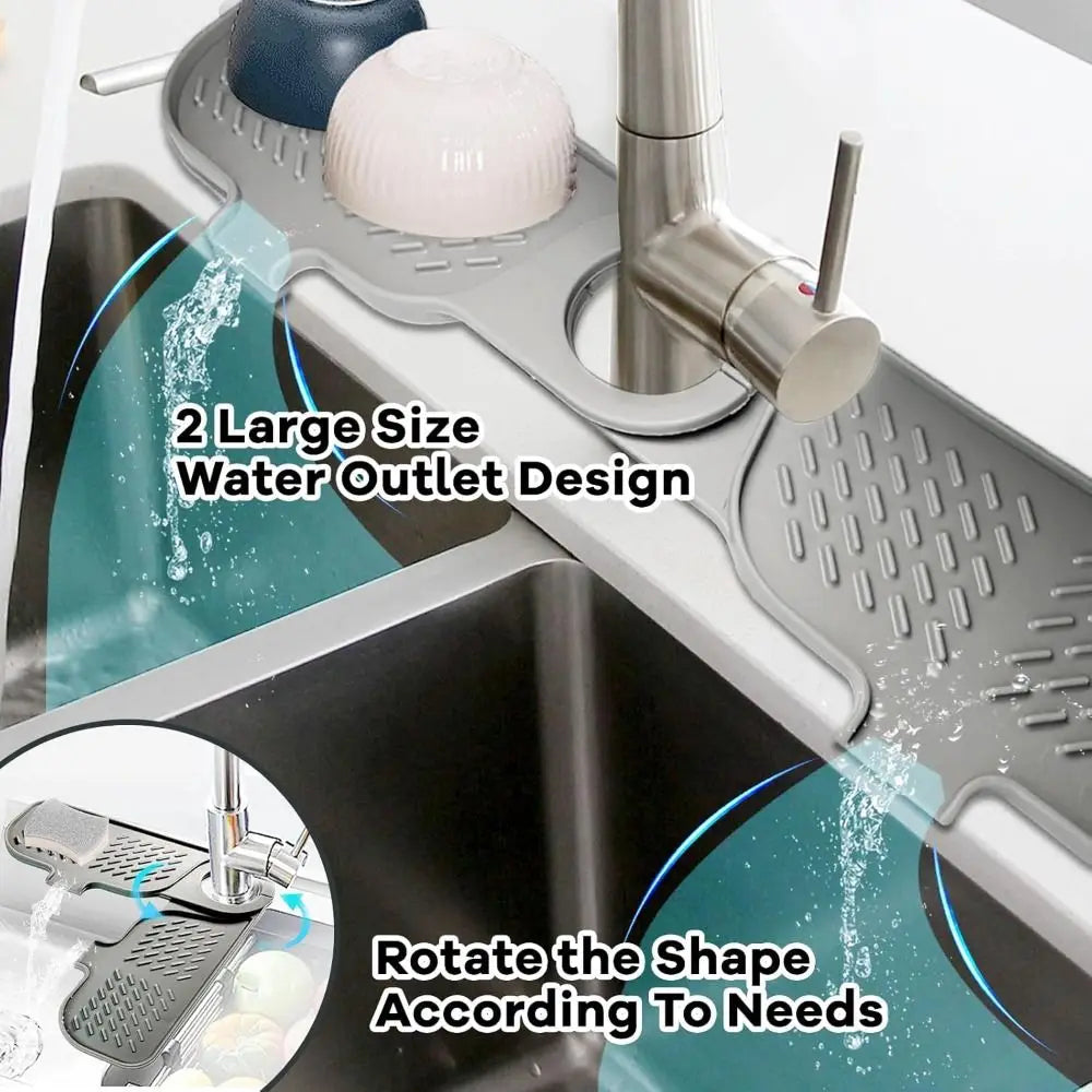 A silicone sink splash guard and drip catcher mat with a large water outlet design shown in a kitchen sink.
