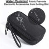 Black water resistant fabric pouch with a clear plastic window and a separate circular accessory holder.