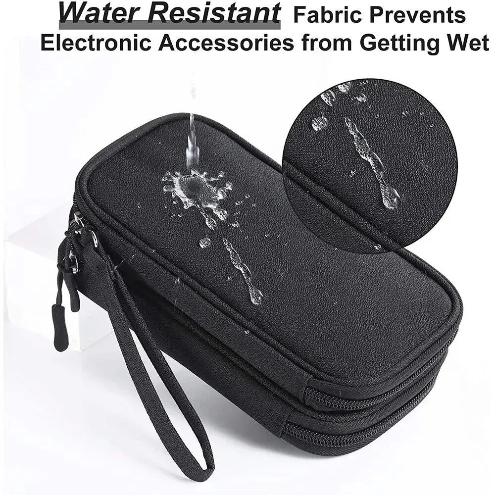 Black water resistant fabric pouch with a clear plastic window and a separate circular accessory holder.