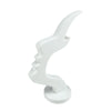 A white minimalist 3D printed profile eyeglass stand with a curved, stylized design.