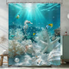 Underwater shower curtain featuring a vibrant design of seahorses, coral reefs, and sea life.