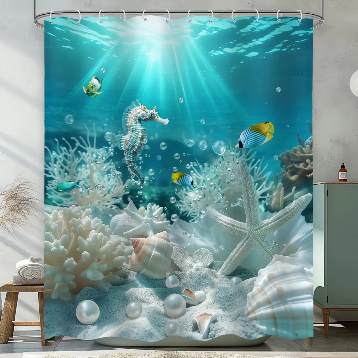 Underwater shower curtain featuring a vibrant design of seahorses, coral reefs, and sea life.