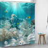 Underwater shower curtain featuring a vibrant design of seahorses and coral reefs under blue water.