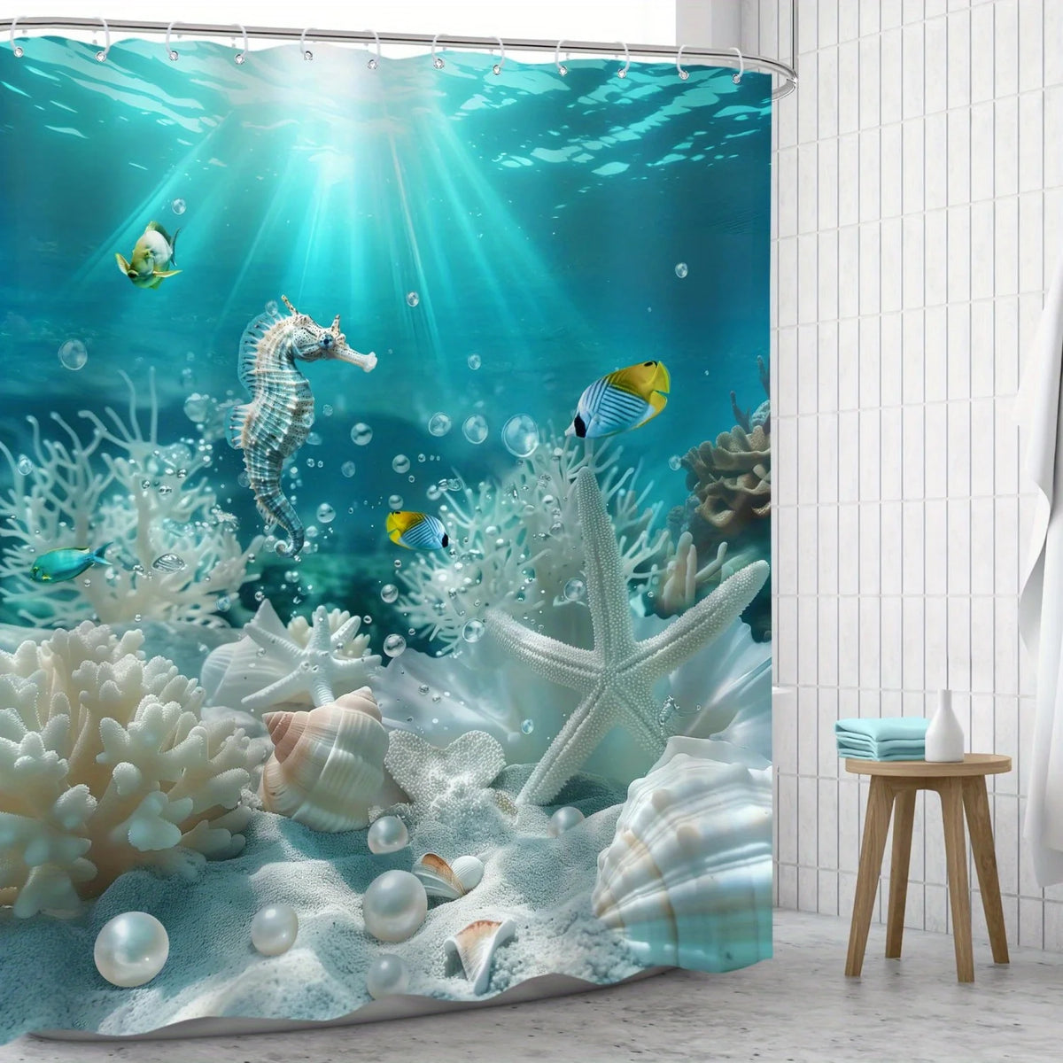 Underwater shower curtain featuring a vibrant design of seahorses and coral reefs under blue water.
