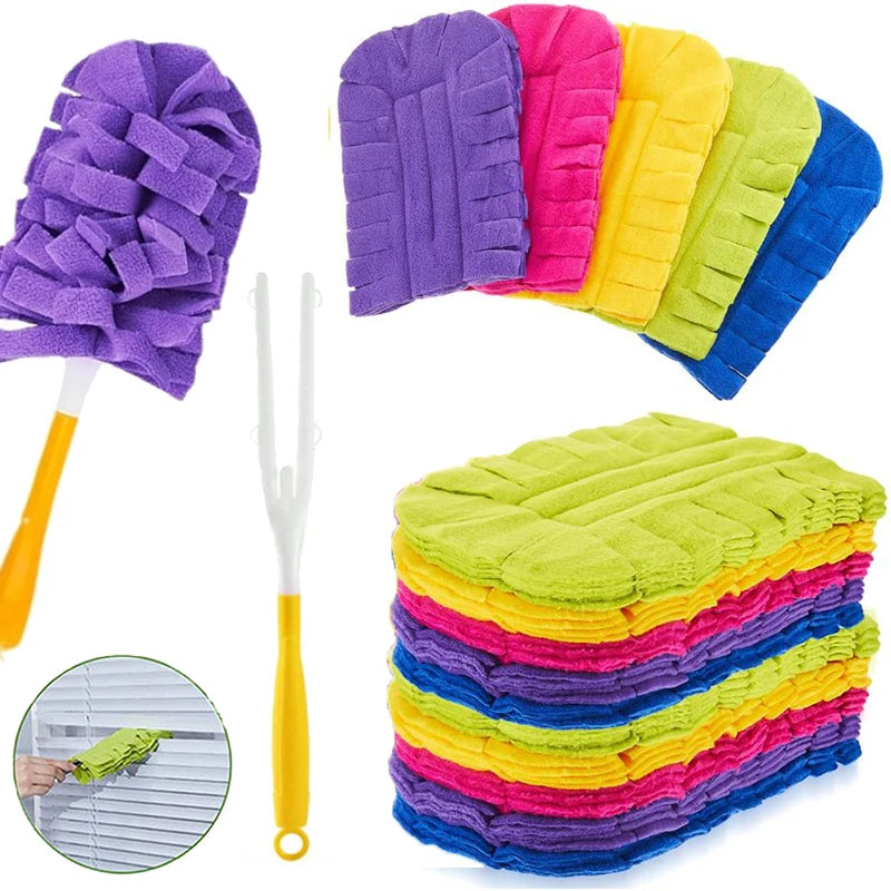 A set of reusable electrostatic duster refills in various colors, including purple, pink, yellow, and blue, shown alongside a
