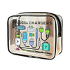 A clear zippered plastic organizer case containing various electronic plugs and chargers.