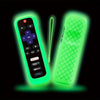 A lime green silicone remote control cover with a lanyard and a matching remote visible against a black background.