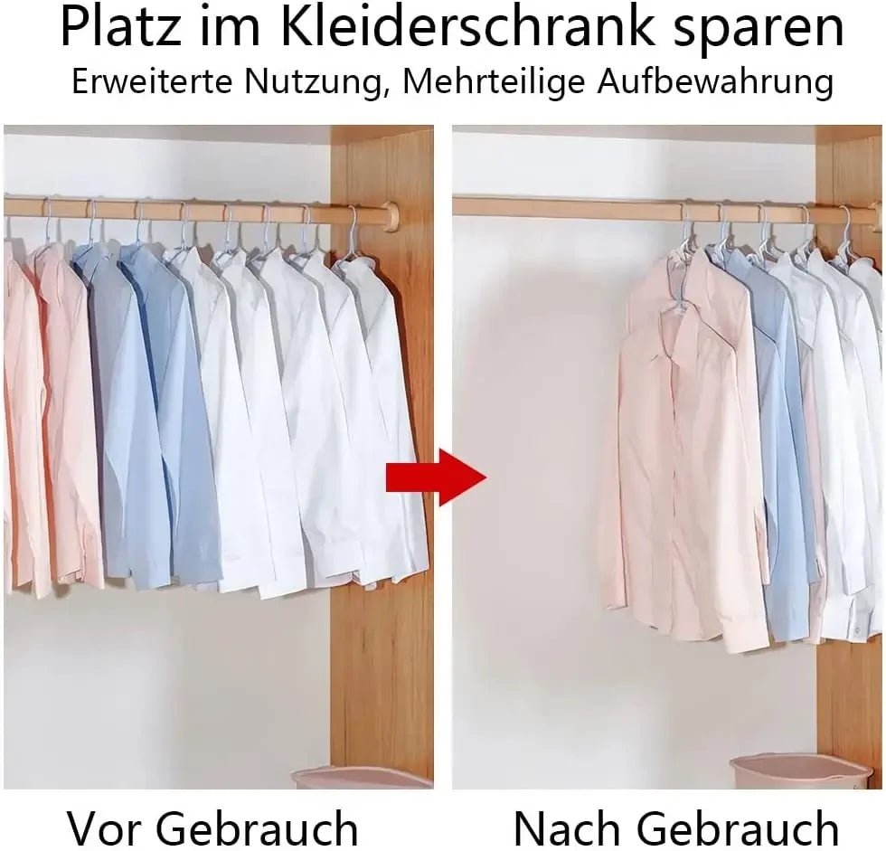 Before and after images showing how to use hanger connector hooks for space-saving closet organization