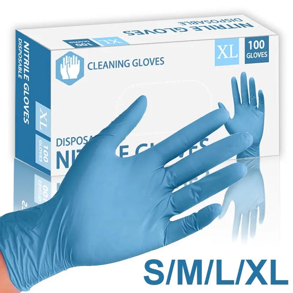 A hand wearing a light blue disposable nitrile cleaning glove is shown next to a box of nitrile gloves.