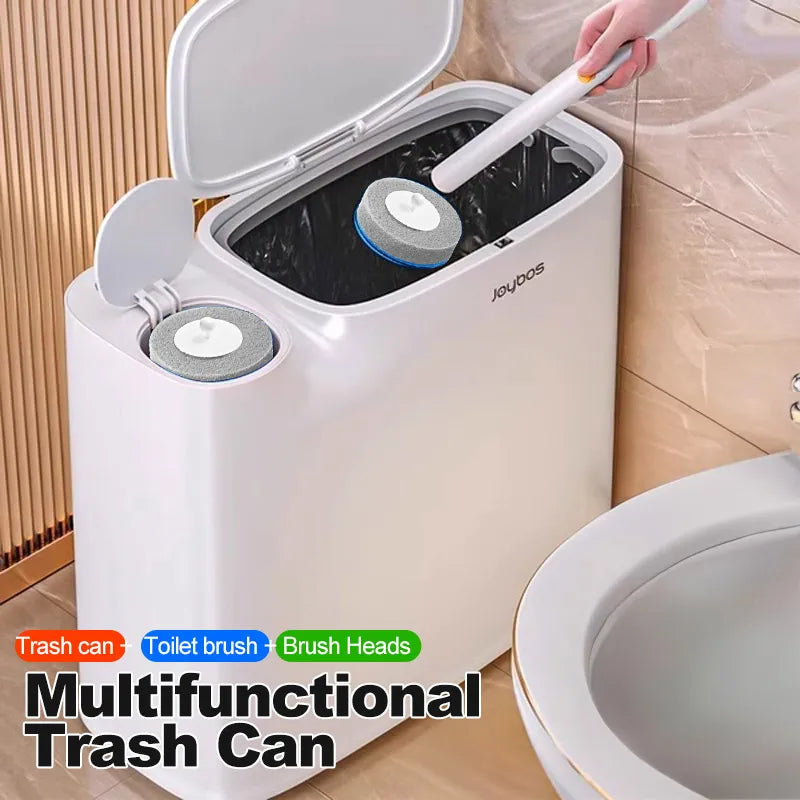 A white multifunctional trash can is shown with a lid open, revealing a toilet brush and brush heads.