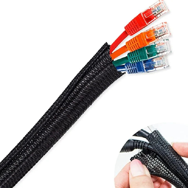 A close-up view of black braided cable sleeves with various colored connectors and tips.