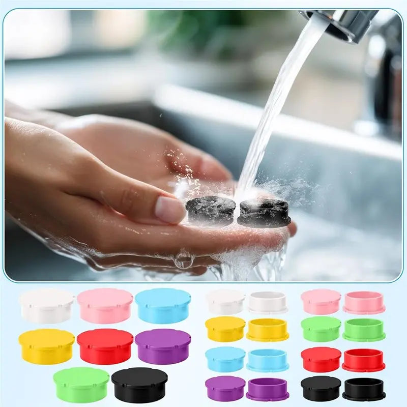 A variety of reusable silicone vial caps in various colors are shown alongside a hand washing them under running water.