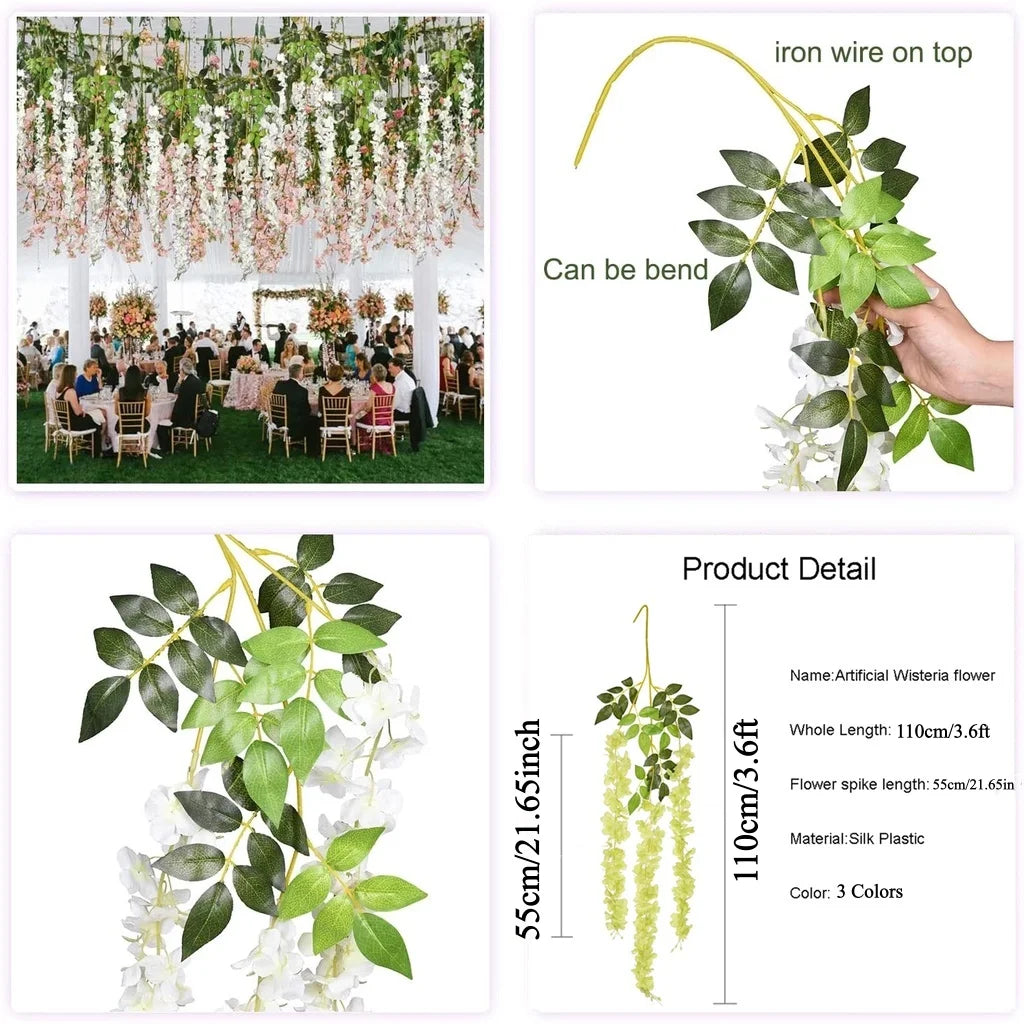 Artificial Wisteria flower garland featuring green leaves and white flowers