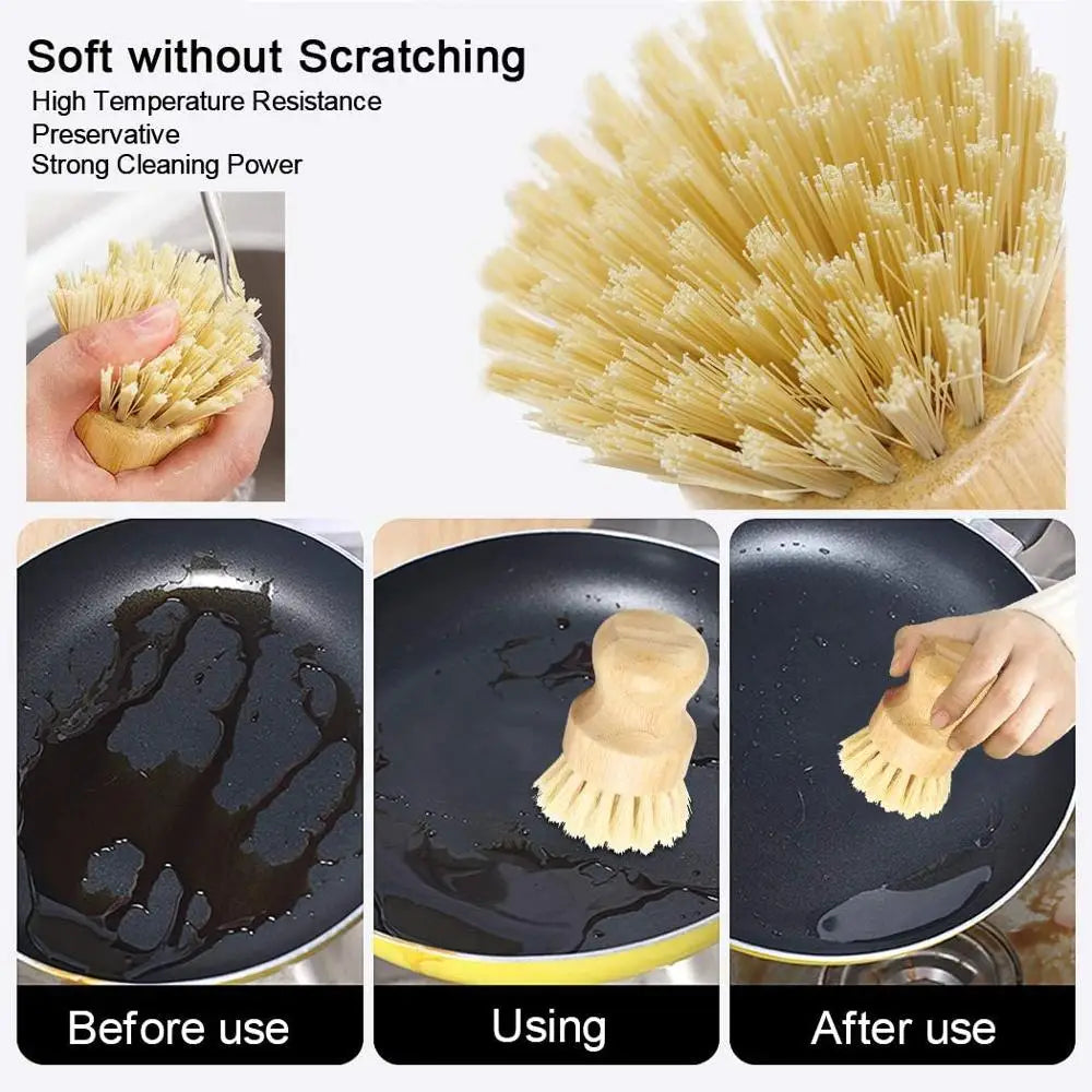 Set of two bamboo dish scrub brushes with sisal bristles showing before, during, and after use on a dark plate.