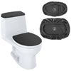 A white toilet seat with a black seat cover and tank protector shown next to two separate protectors.