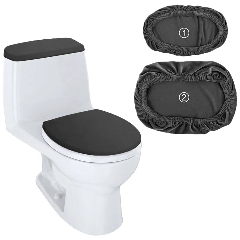 A white toilet seat with a black seat cover and tank protector shown next to two separate protectors.