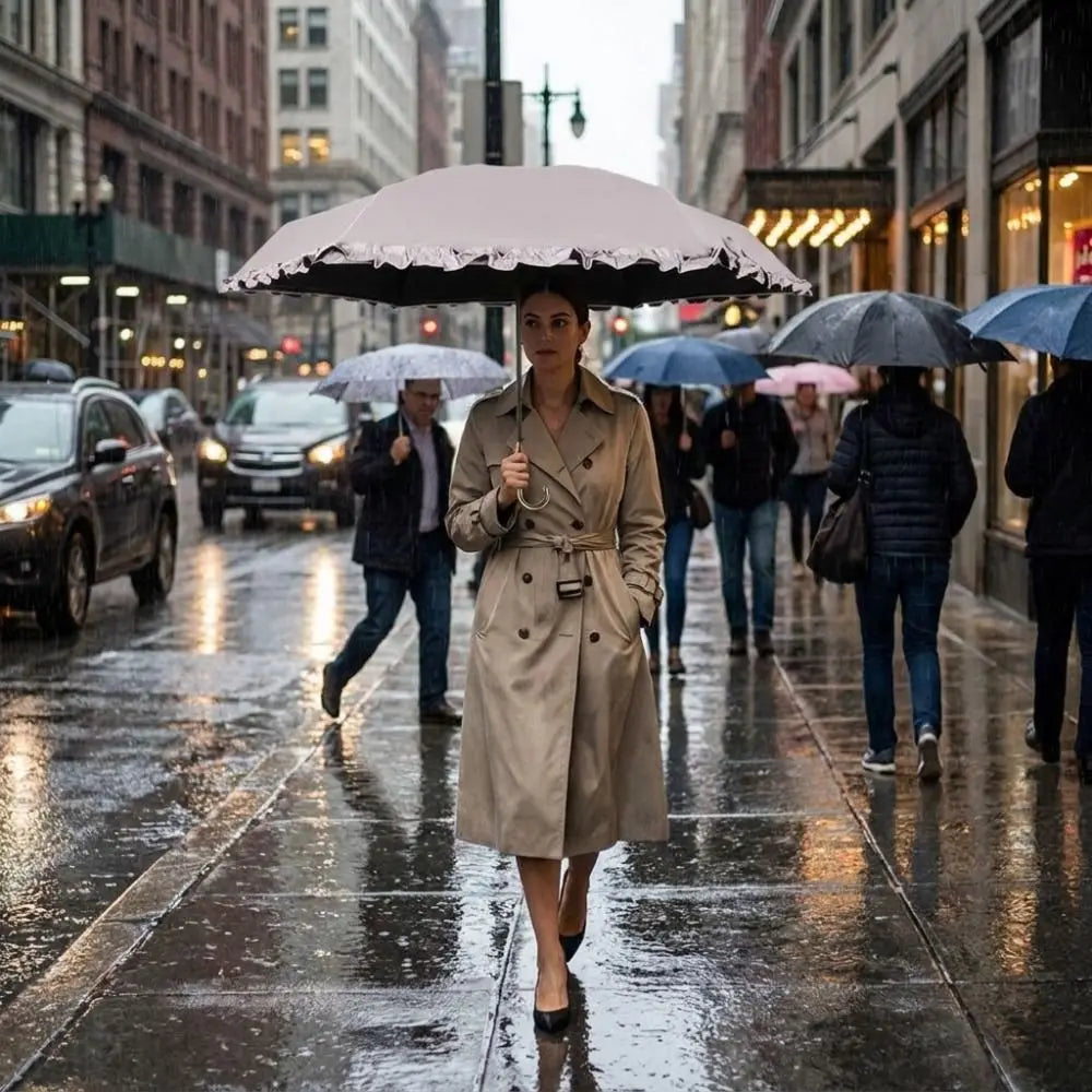 A woman in a beige trench coat holds a large black umbrella on a wet city street with other people using umbrellas.