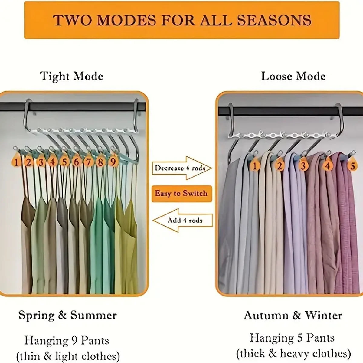 Stainless steel multi-layer hangers shown in tight and loose modes for hanging pants and clothes.