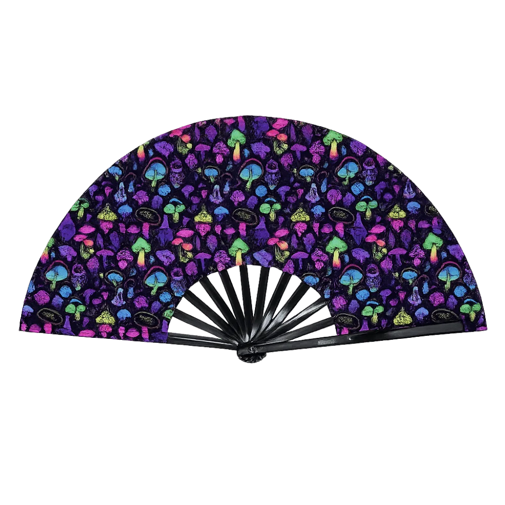 A holographic gradient rave hand fan featuring a dense pattern of colorful mushrooms.