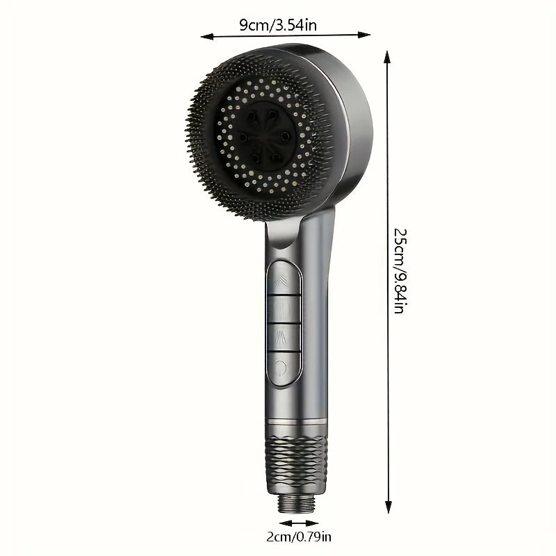 Pomme de douche massage argentée haute pression avec buse en silicone texturée et long manche.
