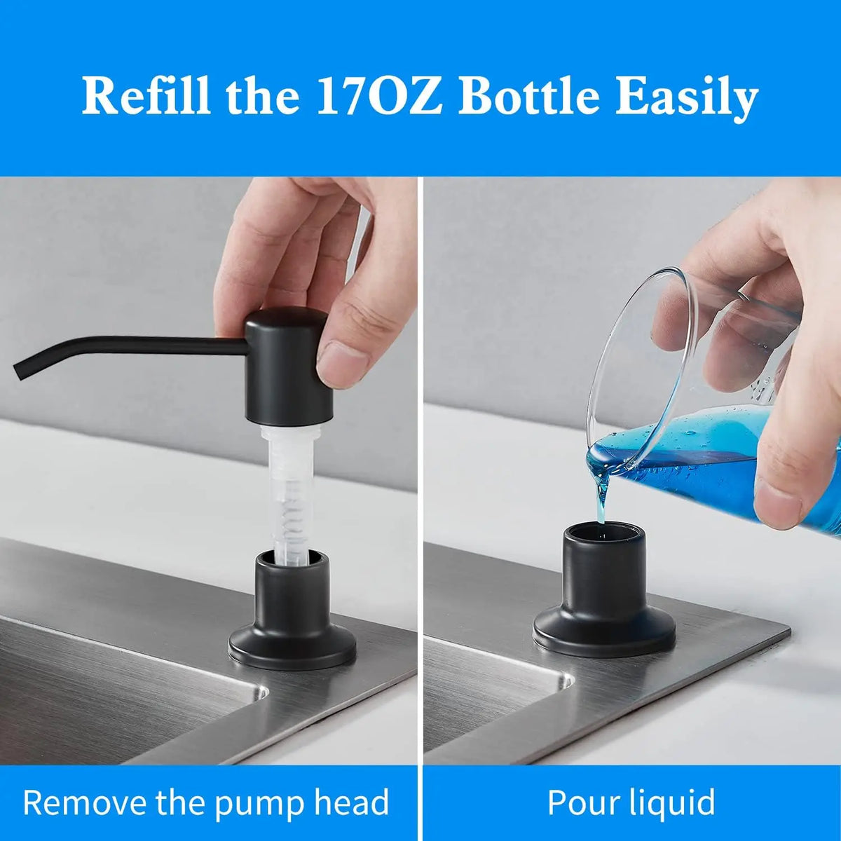 Hands demonstrate refilling a 17oz bottle by removing the pump head and pouring liquid into the dispenser.
