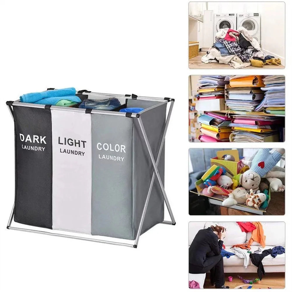 Un organisateur de lessive pliable avec des compartiments de couleurs et de tons variés, à côté de vêtements.