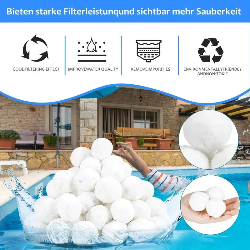 White cleaning balls floating in a blue pool water