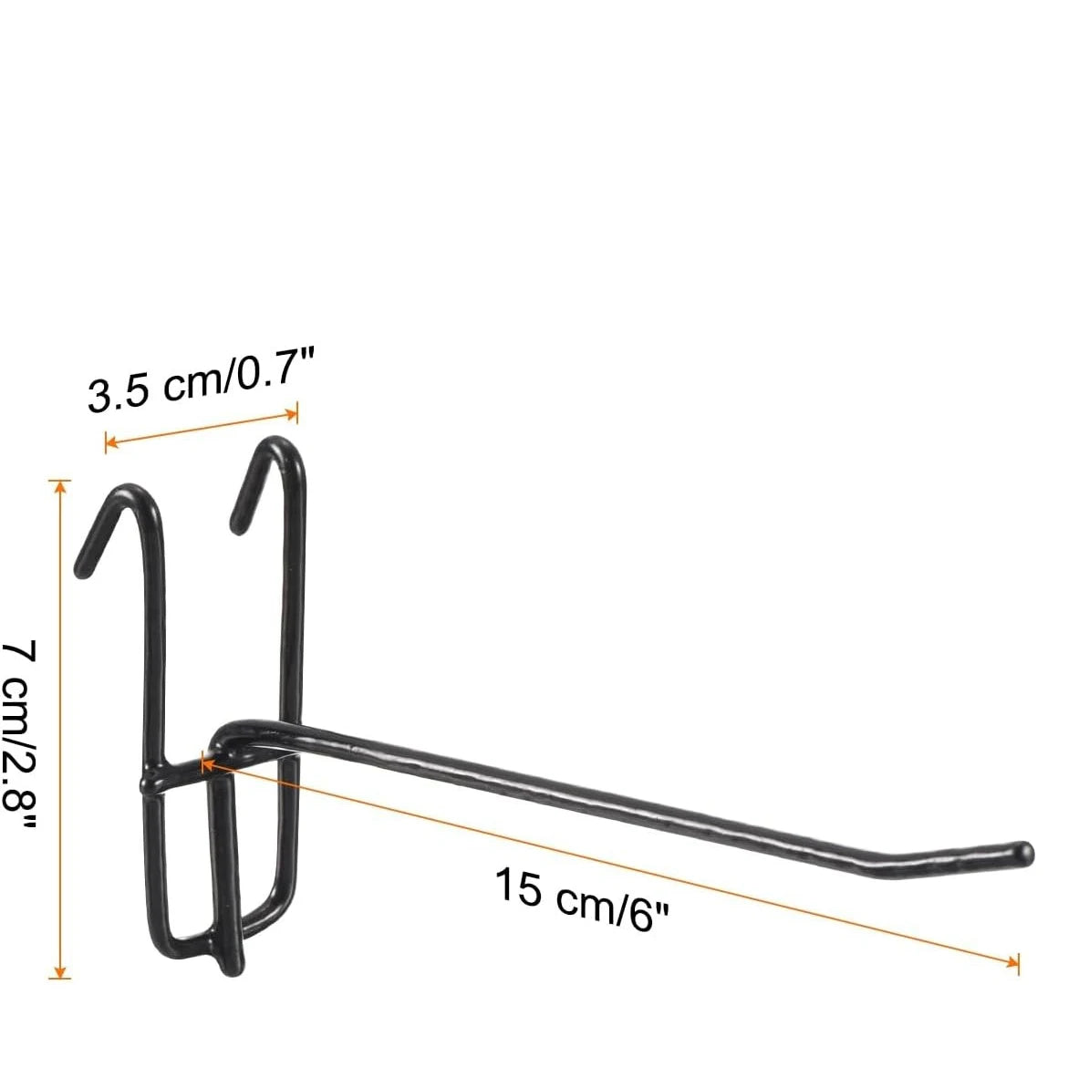 Black heavy-duty mesh grid display hooks with a 15 cm length and 3.5 cm width.