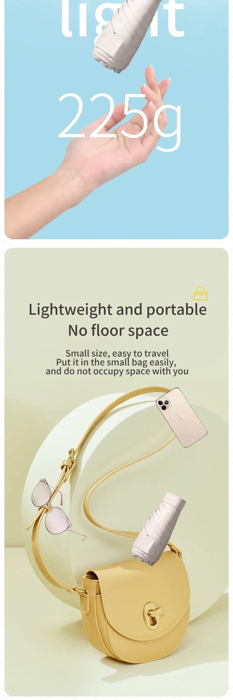 Ein beigefarbener zusammenfaltbarer Regenschirm neben einem Smartphone, der leichte und portable Bauweise hervorhebt.