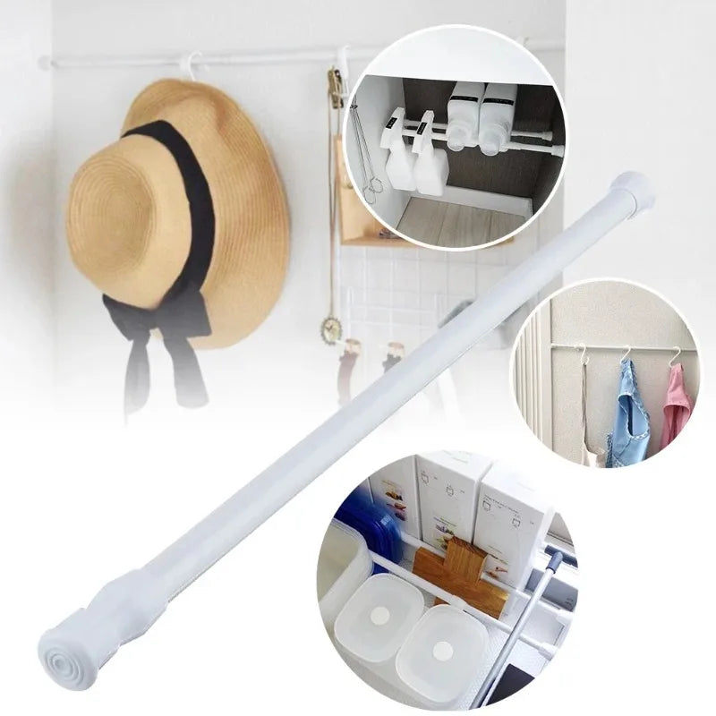 A white adjustable telescopic curtain rod shown with close-ups of its use for hanging curtains and shower rods.