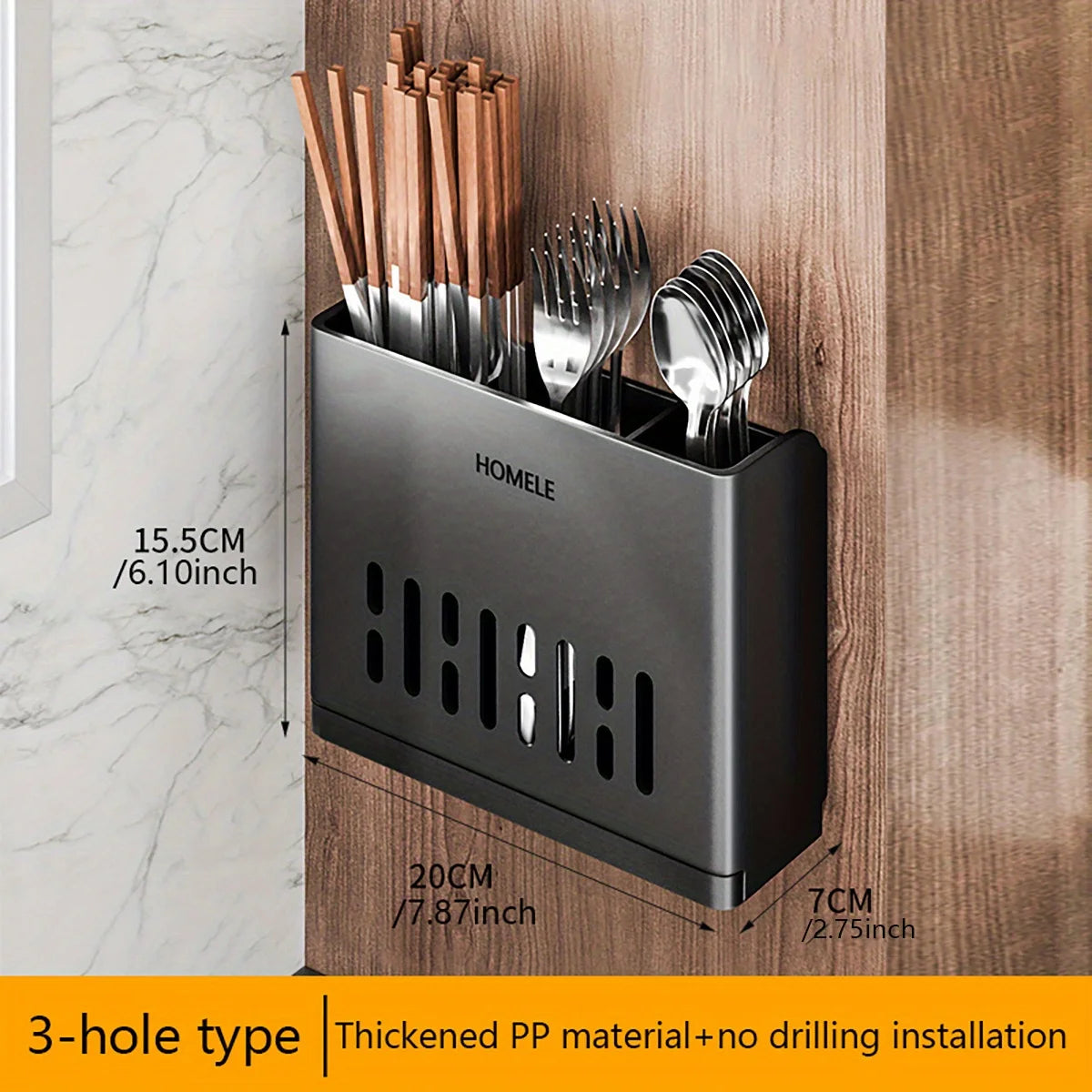 A black cutlery storage rack with a 3-hole design holding various utensils mounted on a wooden surface.
