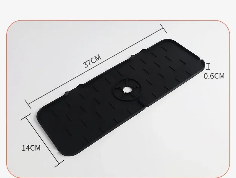 Black silicone kitchen sink drainer and splash guard mat with dimensions 37cm by 14cm
