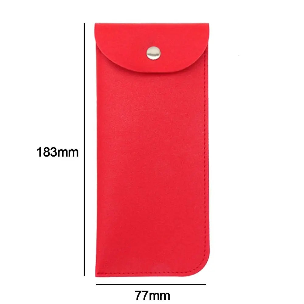 A red PU leather eyewear case or glasses bag shown vertically with dimensions 183mm by 77mm.