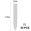 A vertical, light gray T-shaped plant marker with a 1.6cm width and 11.5cm length, shown next to the quantity 50 PCS.