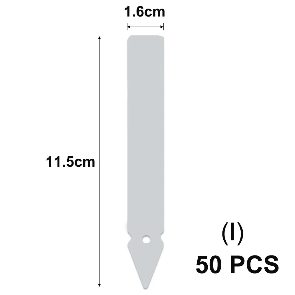 A vertical, light gray T-shaped plant marker with a 1.6cm width and 11.5cm length, shown next to the quantity 50 PCS.