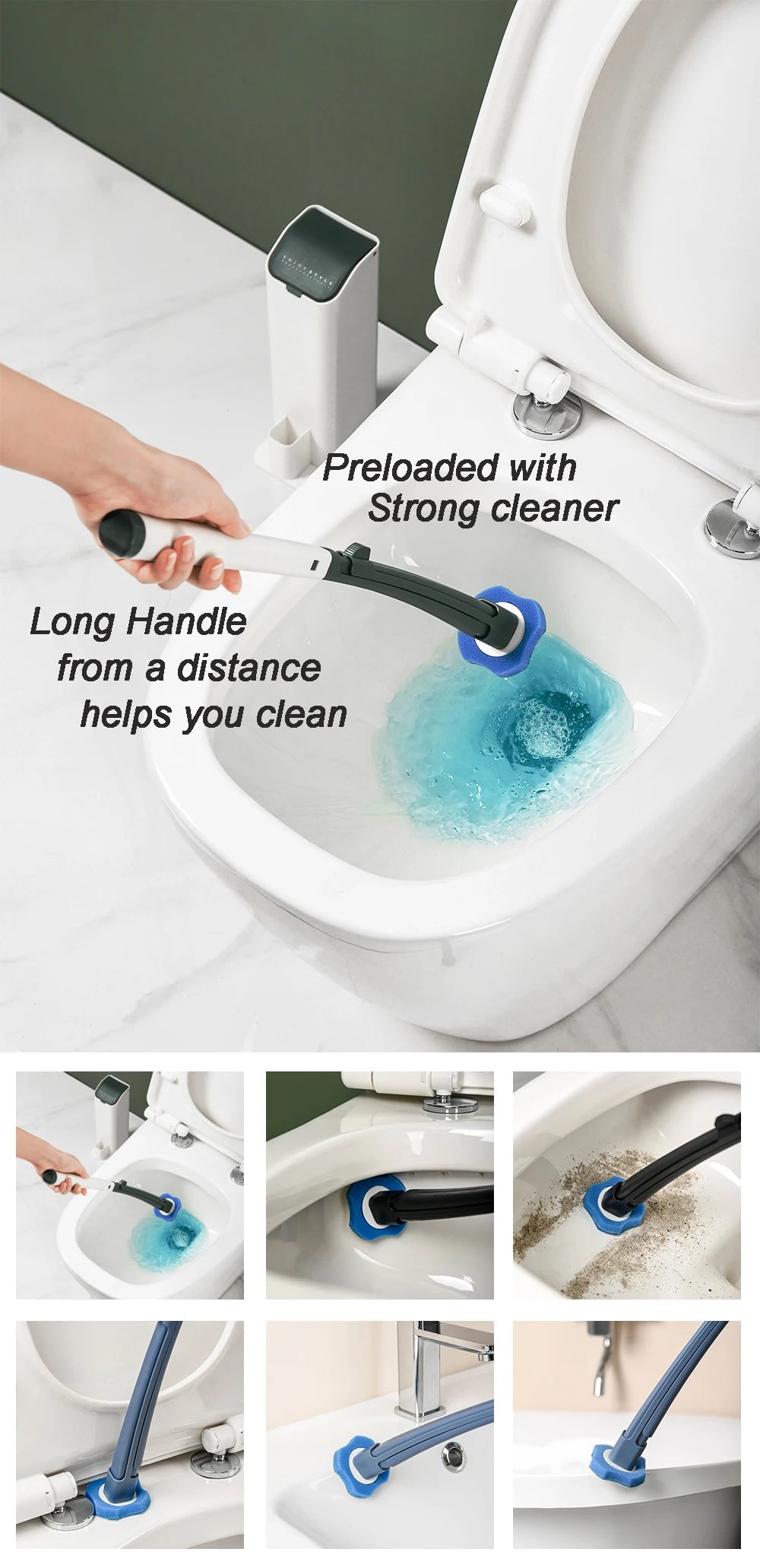 A hand uses a long-handled disposable toilet brush to clean the inside of a toilet bowl.