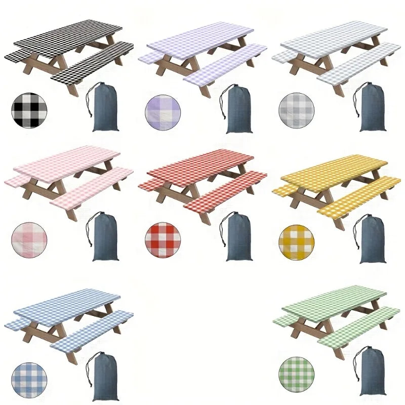 A collection of plaid tablecloths and matching fabric napkins displayed in various patterns and colors.