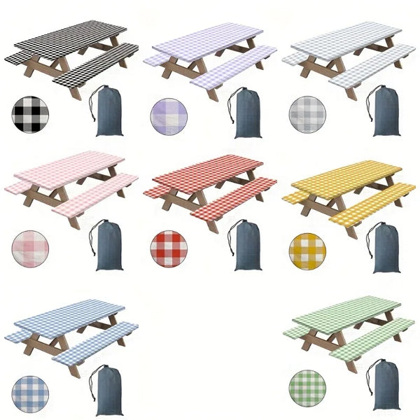 A collection of plaid tablecloths and matching fabric napkins displayed in various patterns and colors.