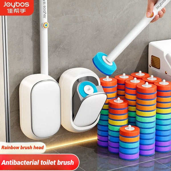 Wall-mounted disposable toilet brush set with a white handle and colorful silicone brush heads