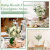 A floral arrangement of baby's breath flowers and eucalyptus stems displayed in a glass vase.