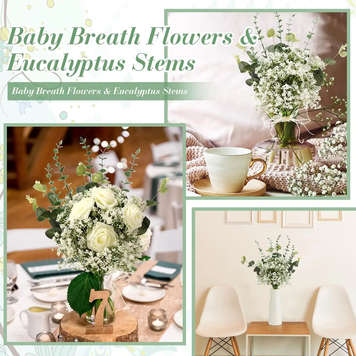 A floral arrangement of baby's breath flowers and eucalyptus stems displayed in a glass vase.