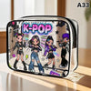 A clear acrylic storage pouch featuring a K-Pop theme with stylized idols and bright graphics.